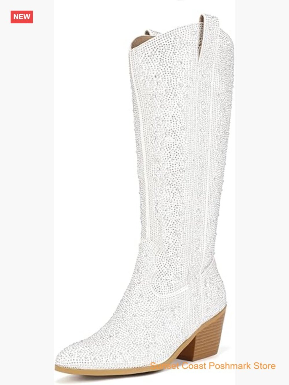 Rhinestone Cowboy Boots Knee High Western Cowgirl Pointed Toe Block Chunky